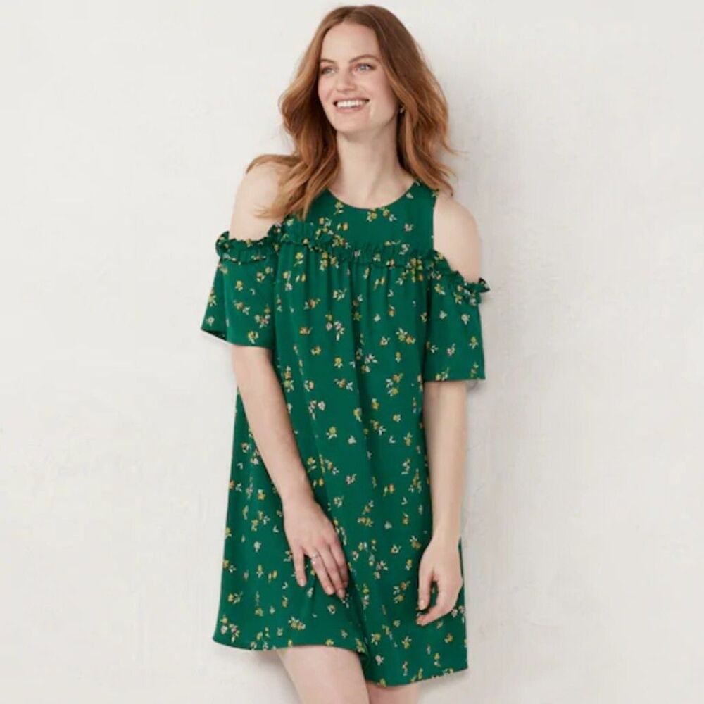 LC Lauren Conrad Womens Cold Shoulder Ruffle Swing Dress Green Floral Size M